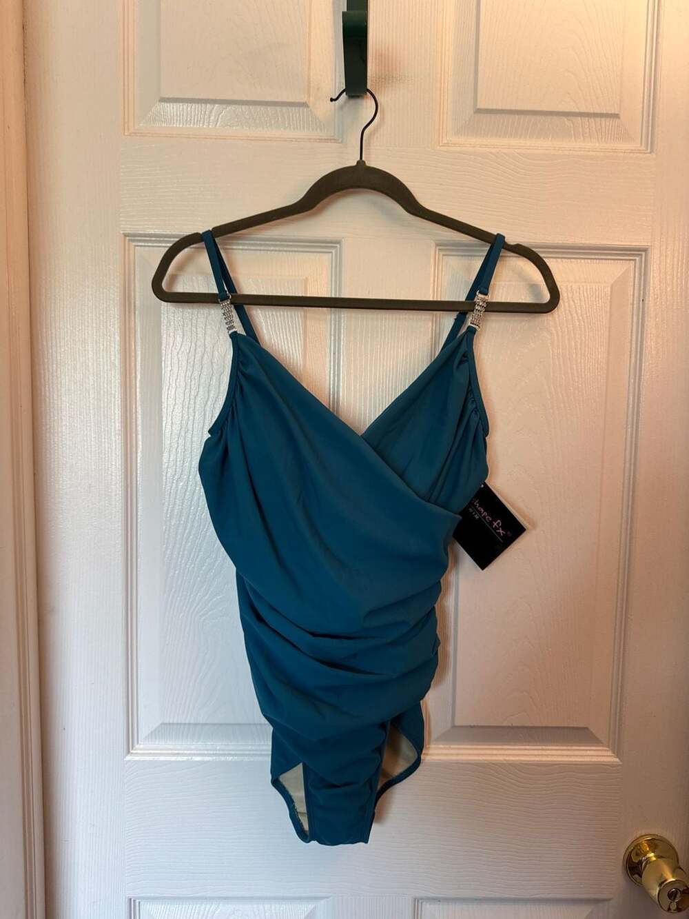 Shape FX Teal Ruched 1 Piece Swimsuit with Rhinestone Straps Size 10